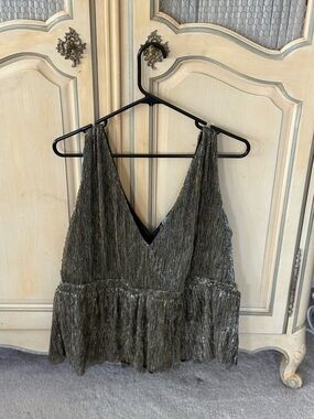 VENUS Metallic Gunmetal V-Neck Peplum Tank